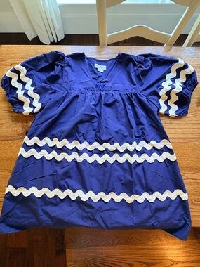 New Chic Soul Navy Blue Dress with puff sleeves and cream ric rac- lined- 2X